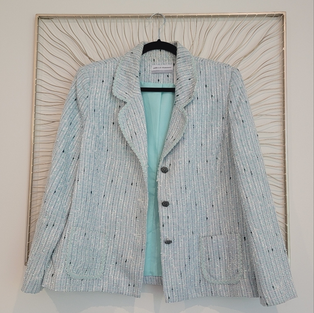 Alfred Dunner Blue White Aqua Boucle Tweed Suit Blazer Jacket 14 Petite - Picture 3 of 15